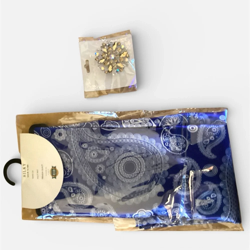 Silk Satin Scarf in Blue & Gold Brooch included
